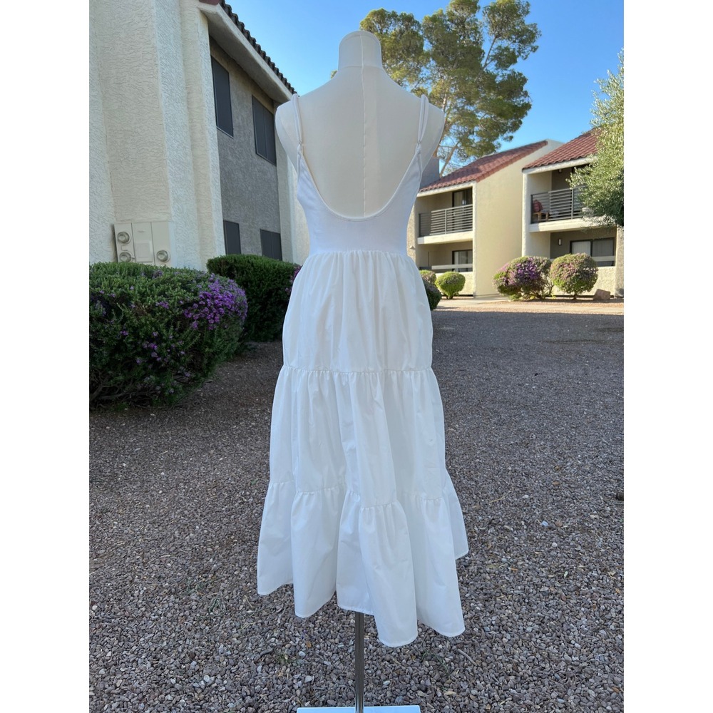 Lulus Lovable Cutie White Tiered Midi Dress Sleeveless Ribbed Bodice W Pockets - Picture 4 of 6